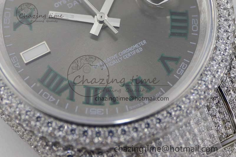 Snug Datejust 41 SS Full Diamonds TWF 1:1 Best Edition Gray Roman Markers Dial on Bracelet A 2391