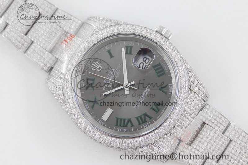 Snug Datejust 41 SS Full Diamonds TWF 1:1 Best Edition Gray Roman Markers Dial on Bracelet A 2391