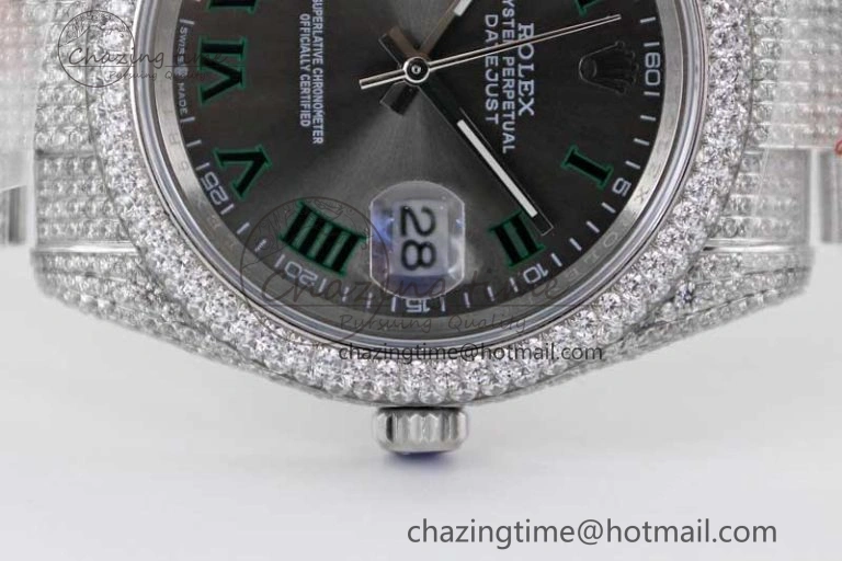 Snug Datejust 41 SS Full Diamonds TWF 1:1 Best Edition Gray Roman Markers Dial on Bracelet A 2391