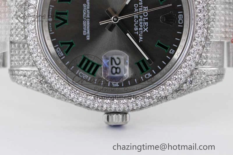 Snug Datejust 41 SS Full Diamonds TWF 1:1 Best Edition Gray Roman Markers Dial on Bracelet A 2391