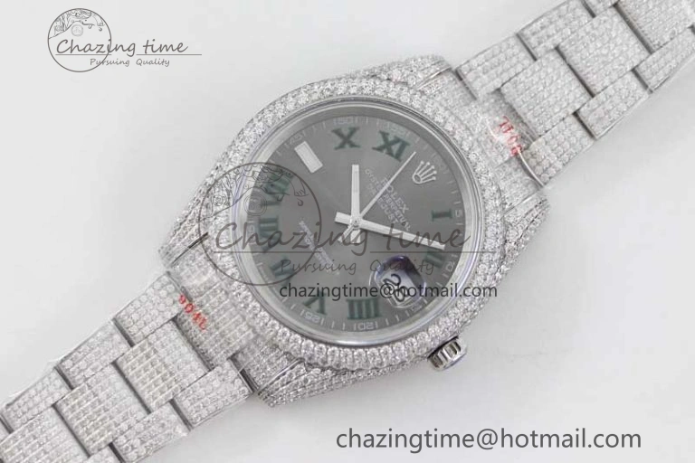 Snug Datejust 41 SS Full Diamonds TWF 1:1 Best Edition Gray Roman Markers Dial on Bracelet A 2391