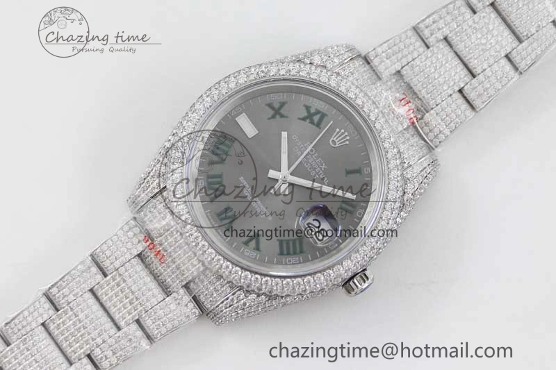 Snug Datejust 41 SS Full Diamonds TWF 1:1 Best Edition Gray Roman Markers Dial on Bracelet A 2391