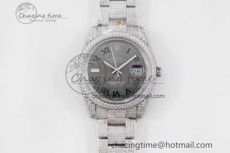 Snug Datejust 41 SS Full Diamonds TWF 1:1 Best Edition Gray Roman Markers Dial on Bracelet A 2391