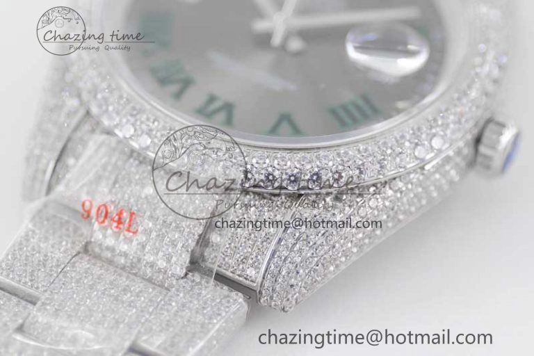 Snug Datejust 41 SS Full Diamonds TWF 1:1 Best Edition Gray Roman Markers Dial on Bracelet A 2391