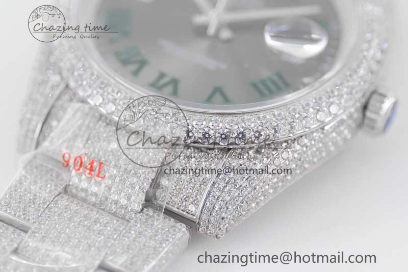 Snug Datejust 41 SS Full Diamonds TWF 1:1 Best Edition Gray Roman Markers Dial on Bracelet A 2391