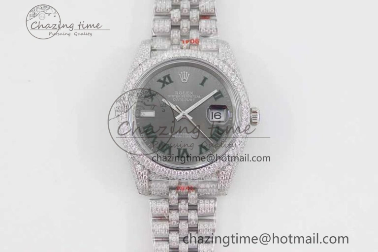 Contemporary Datejust 41 SS Full Diamonds TWF 1:1 Best Edition Gray Roman Markers Dial on Jubilee Bracelet A 2389