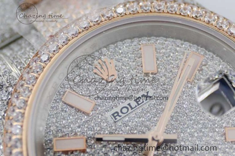 Snug Datejust 41 SS RG Full Diamonds TWF 1:1 Best Edition Diamonds Stick Markers Dial on Bracelet A 2400