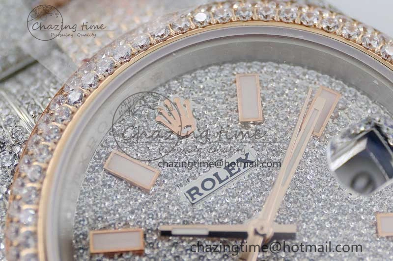 Snug Datejust 41 SS RG Full Diamonds TWF 1:1 Best Edition Diamonds Stick Markers Dial on Bracelet A 2400