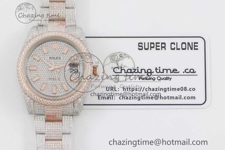 Snug Datejust 41 SS RG Full Diamonds TWF 1:1 Best Edition Diamonds Stick Markers Dial on Bracelet A 2400