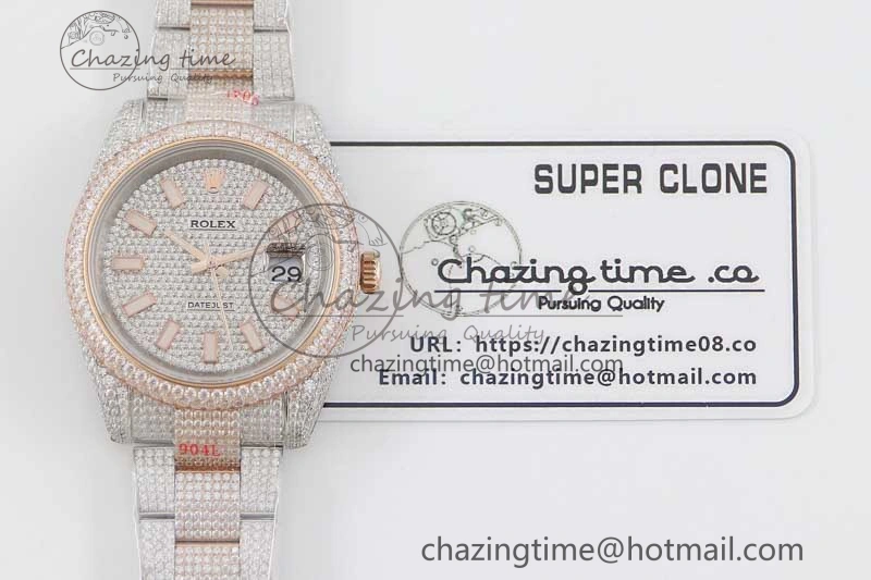 Snug Datejust 41 SS RG Full Diamonds TWF 1:1 Best Edition Diamonds Stick Markers Dial on Bracelet A 2400