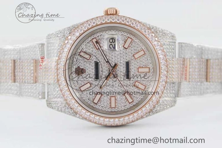 Snug Datejust 41 SS RG Full Diamonds TWF 1:1 Best Edition Diamonds Stick Markers Dial on Bracelet A 2400