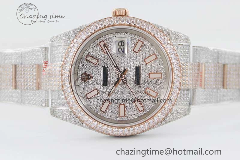 Snug Datejust 41 SS RG Full Diamonds TWF 1:1 Best Edition Diamonds Stick Markers Dial on Bracelet A 2400