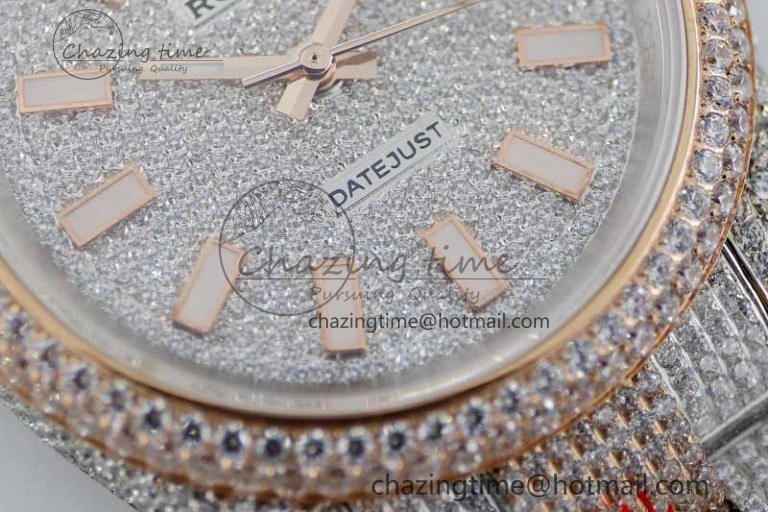 Snug Datejust 41 SS RG Full Diamonds TWF 1:1 Best Edition Diamonds Stick Markers Dial on Bracelet A 2400