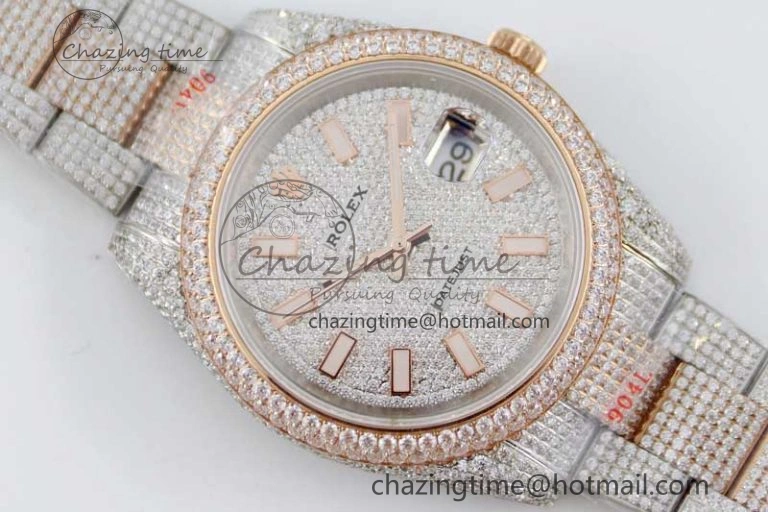 Snug Datejust 41 SS RG Full Diamonds TWF 1:1 Best Edition Diamonds Stick Markers Dial on Bracelet A 2400