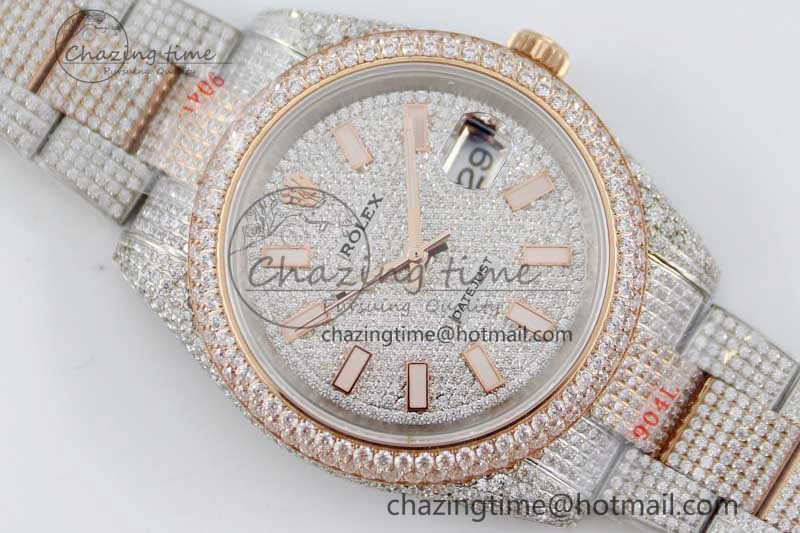 Snug Datejust 41 SS RG Full Diamonds TWF 1:1 Best Edition Diamonds Stick Markers Dial on Bracelet A 2400