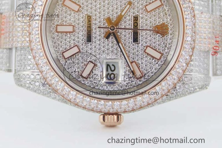 Snug Datejust 41 SS RG Full Diamonds TWF 1:1 Best Edition Diamonds Stick Markers Dial on Bracelet A 2400