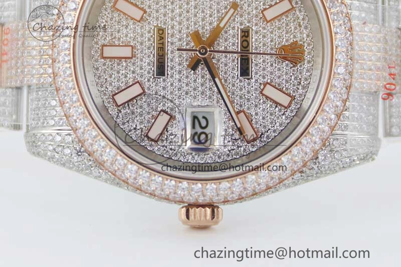 Snug Datejust 41 SS RG Full Diamonds TWF 1:1 Best Edition Diamonds Stick Markers Dial on Bracelet A 2400