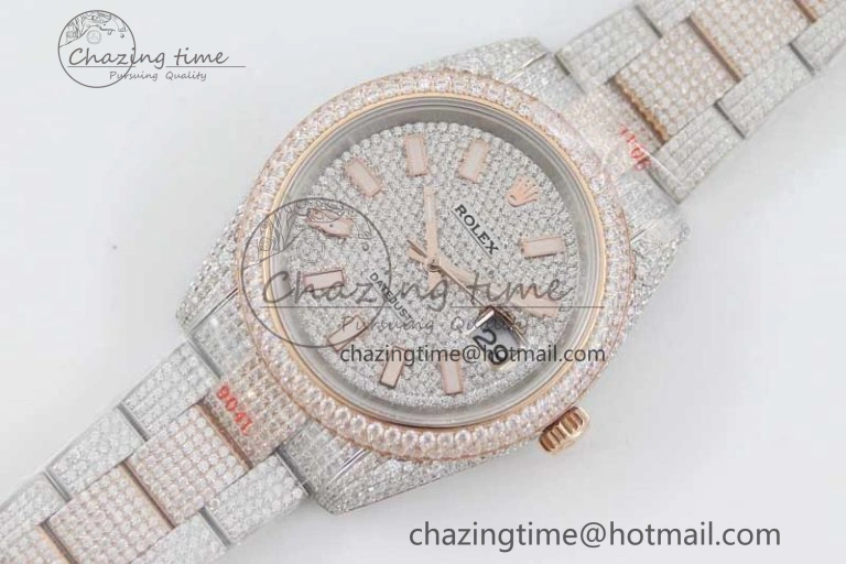 Snug Datejust 41 SS RG Full Diamonds TWF 1:1 Best Edition Diamonds Stick Markers Dial on Bracelet A 2400