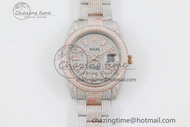Snug Datejust 41 SS RG Full Diamonds TWF 1:1 Best Edition Diamonds Stick Markers Dial on Bracelet A 2400