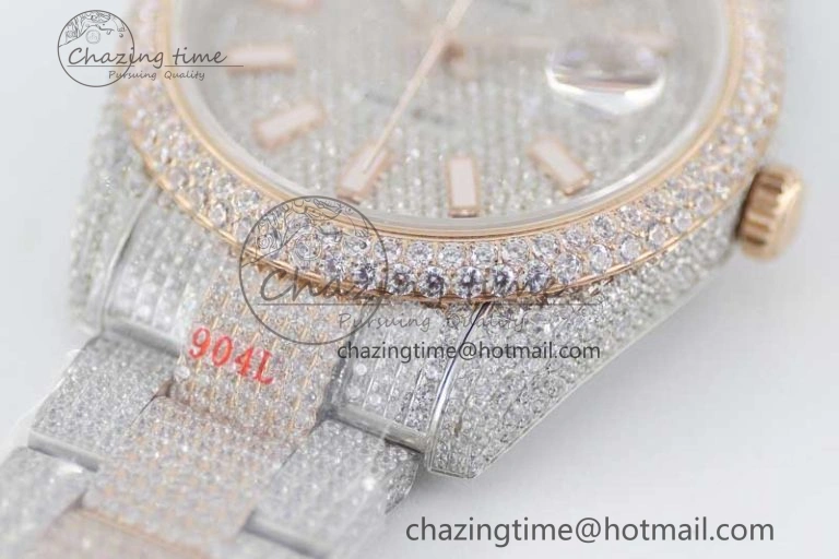 Snug Datejust 41 SS RG Full Diamonds TWF 1:1 Best Edition Diamonds Stick Markers Dial on Bracelet A 2400
