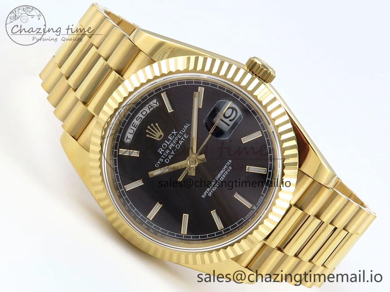 Trendy Day Date 128238 36mm YG KF 1:1 Best Edition Black Dial Stick Marker On President Bracelet A2836 (Gain Weight) 648