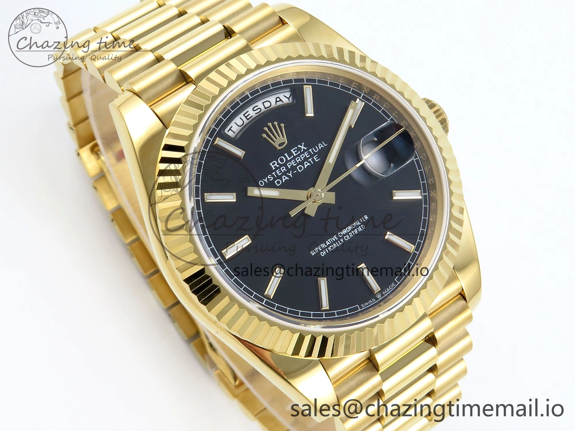 Trendy Day Date 128238 36mm YG KF 1:1 Best Edition Black Dial Stick Marker On President Bracelet A2836 (Gain Weight) 648