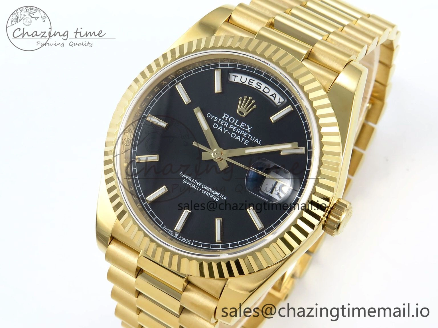 Trendy Day Date 128238 36mm YG KF 1:1 Best Edition Black Dial Stick Marker On President Bracelet A2836 (Gain Weight) 648