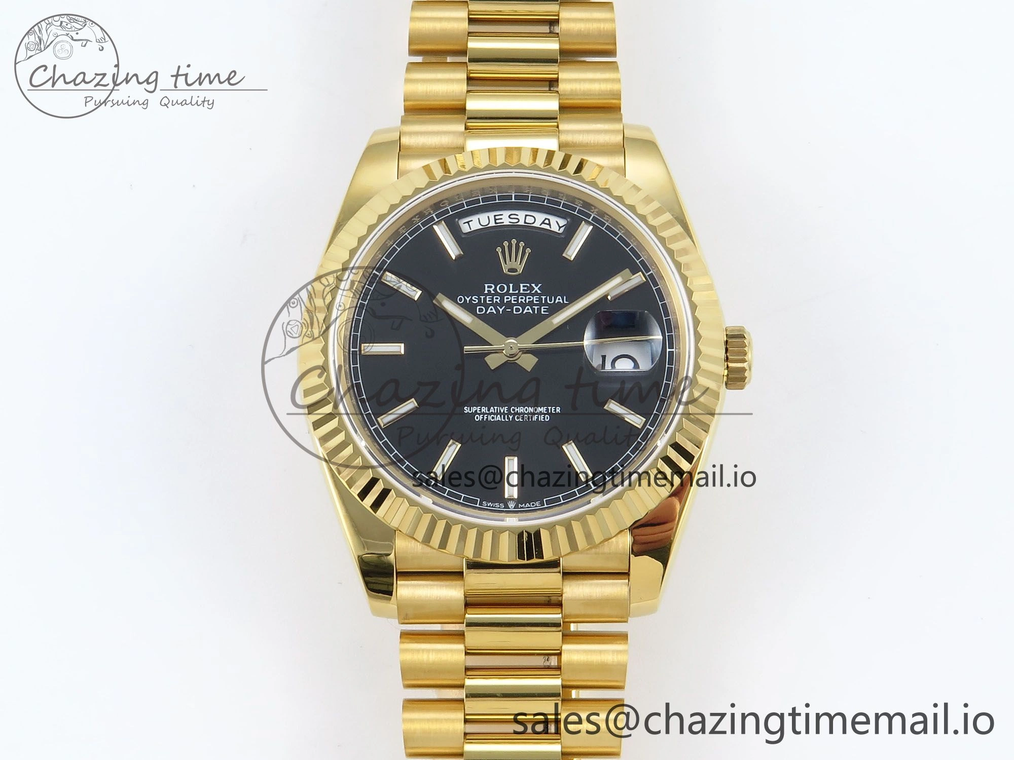 Trendy Day Date 128238 36mm YG KF 1:1 Best Edition Black Dial Stick Marker On President Bracelet A2836 (Gain Weight) 648