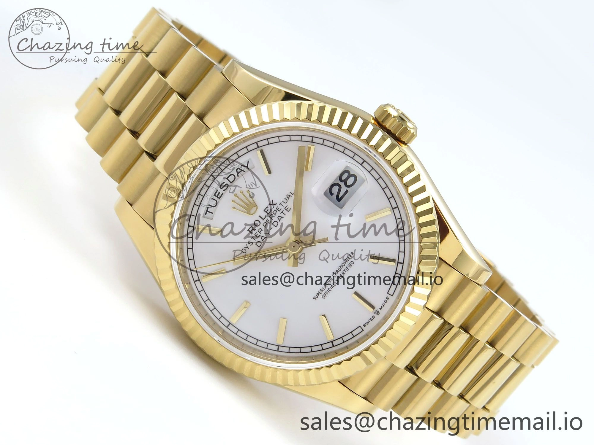 Day Date 128238 36mm YG KF 1:1 Best Edition White Dial Stick Marker On President Bracelet A2836 (Gain Weight) Stretchable 507