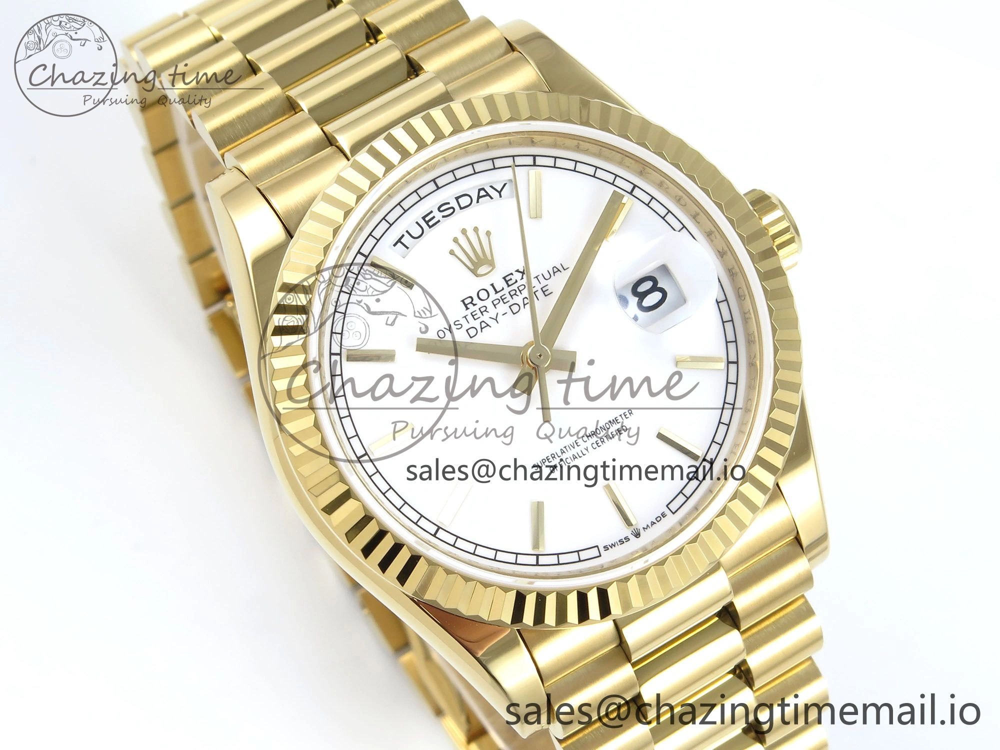Day Date 128238 36mm YG KF 1:1 Best Edition White Dial Stick Marker On President Bracelet A2836 (Gain Weight) Stretchable 507