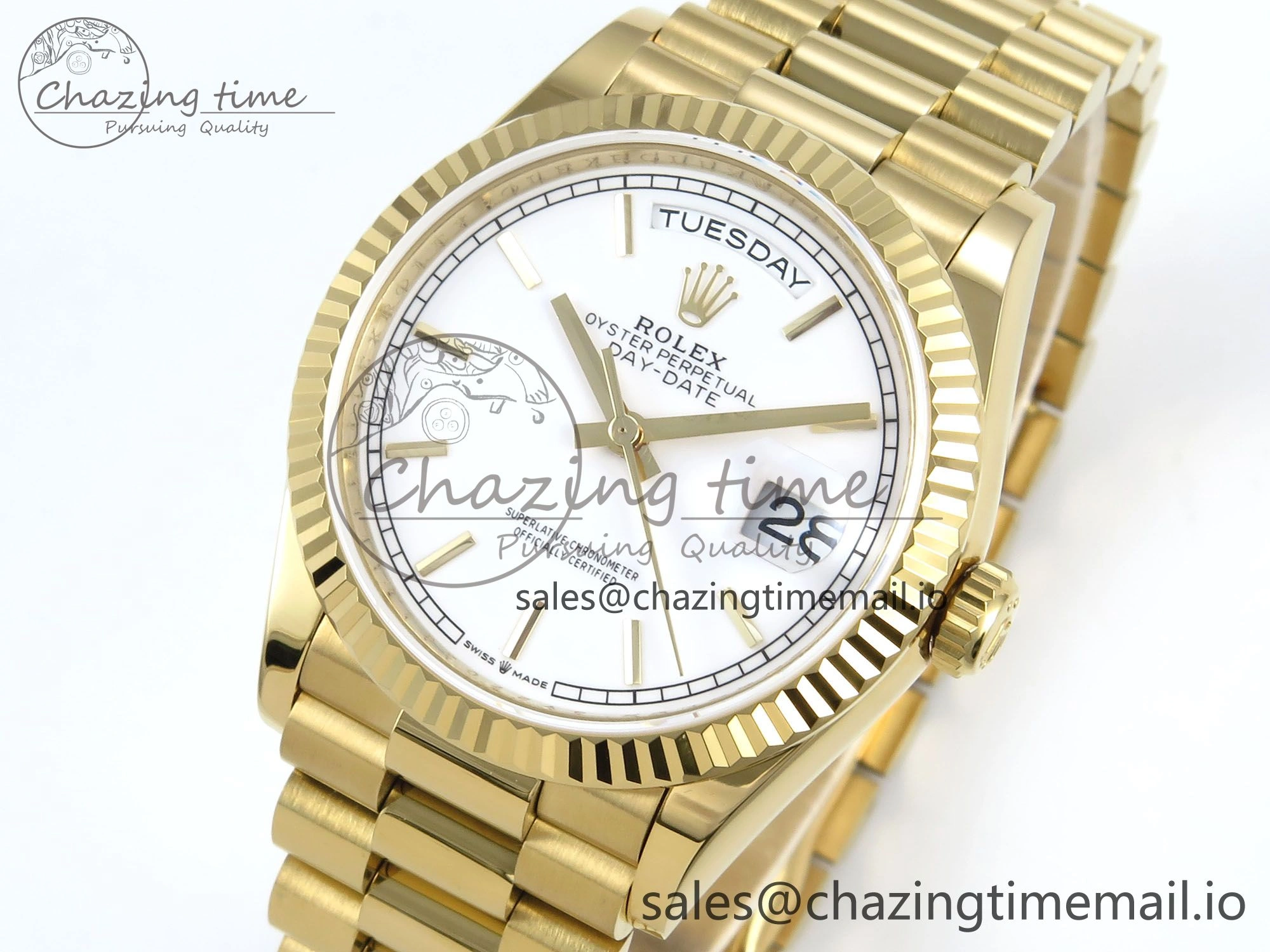 Day Date 128238 36mm YG KF 1:1 Best Edition White Dial Stick Marker On President Bracelet A2836 (Gain Weight) Stretchable 507