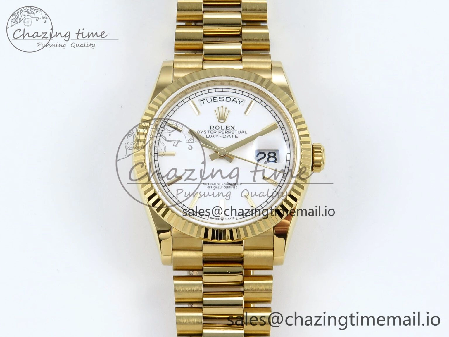Day Date 128238 36mm YG KF 1:1 Best Edition White Dial Stick Marker On President Bracelet A2836 (Gain Weight) Stretchable 507