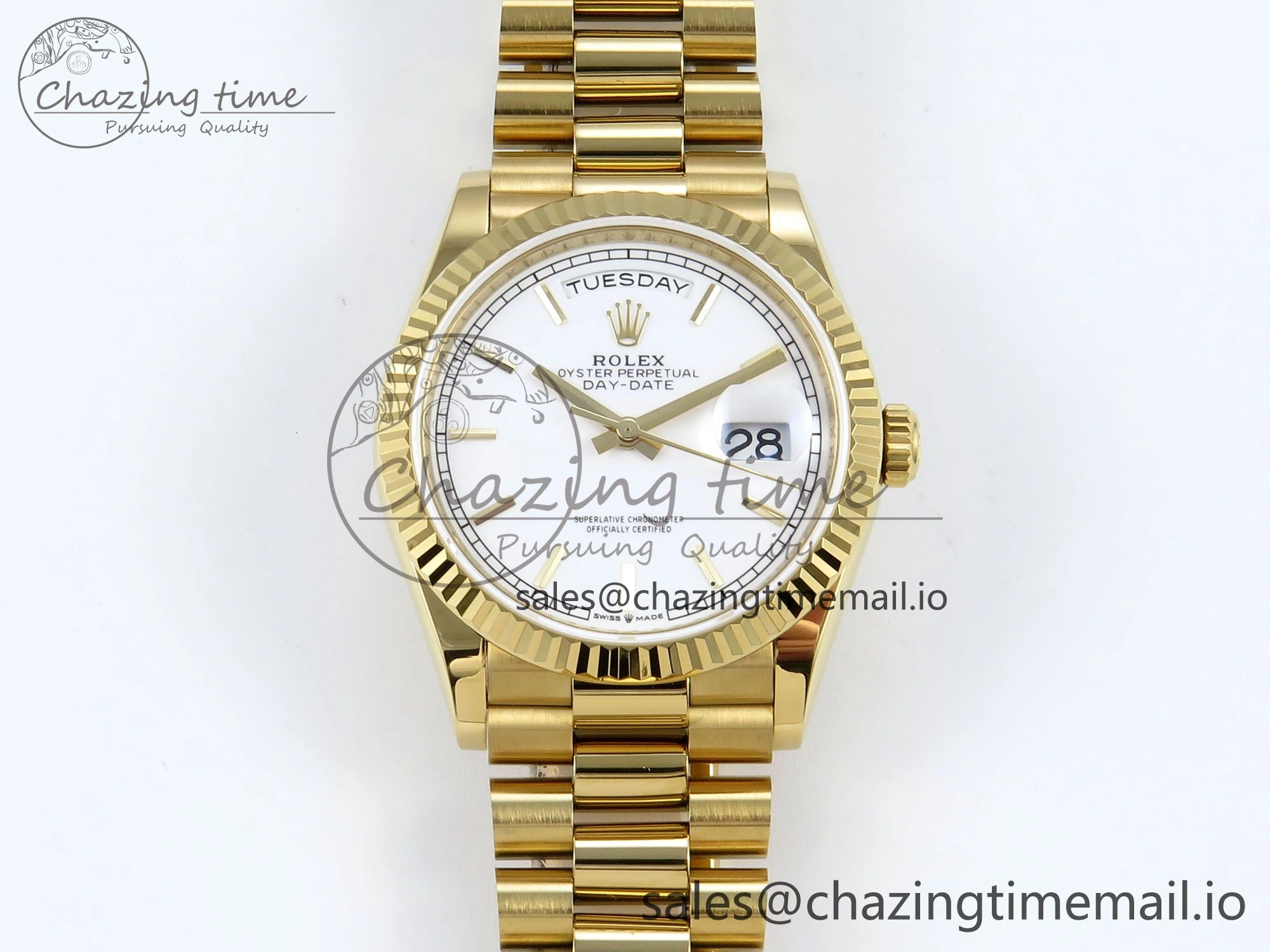 Day Date 128238 36mm YG KF 1:1 Best Edition White Dial Stick Marker On President Bracelet A2836 (Gain Weight) Stretchable 507