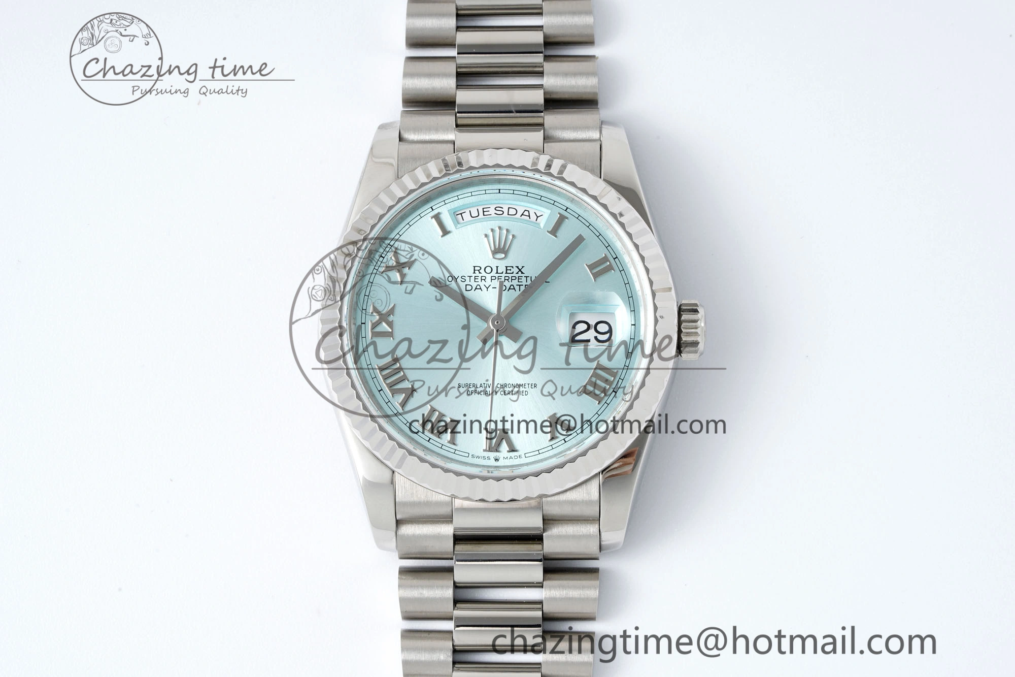 Minimalist Day Date 36 JDF 1:1 Best Edition 904L Steel Ice Blue Dial Roman Markers on Bracelet A 2199