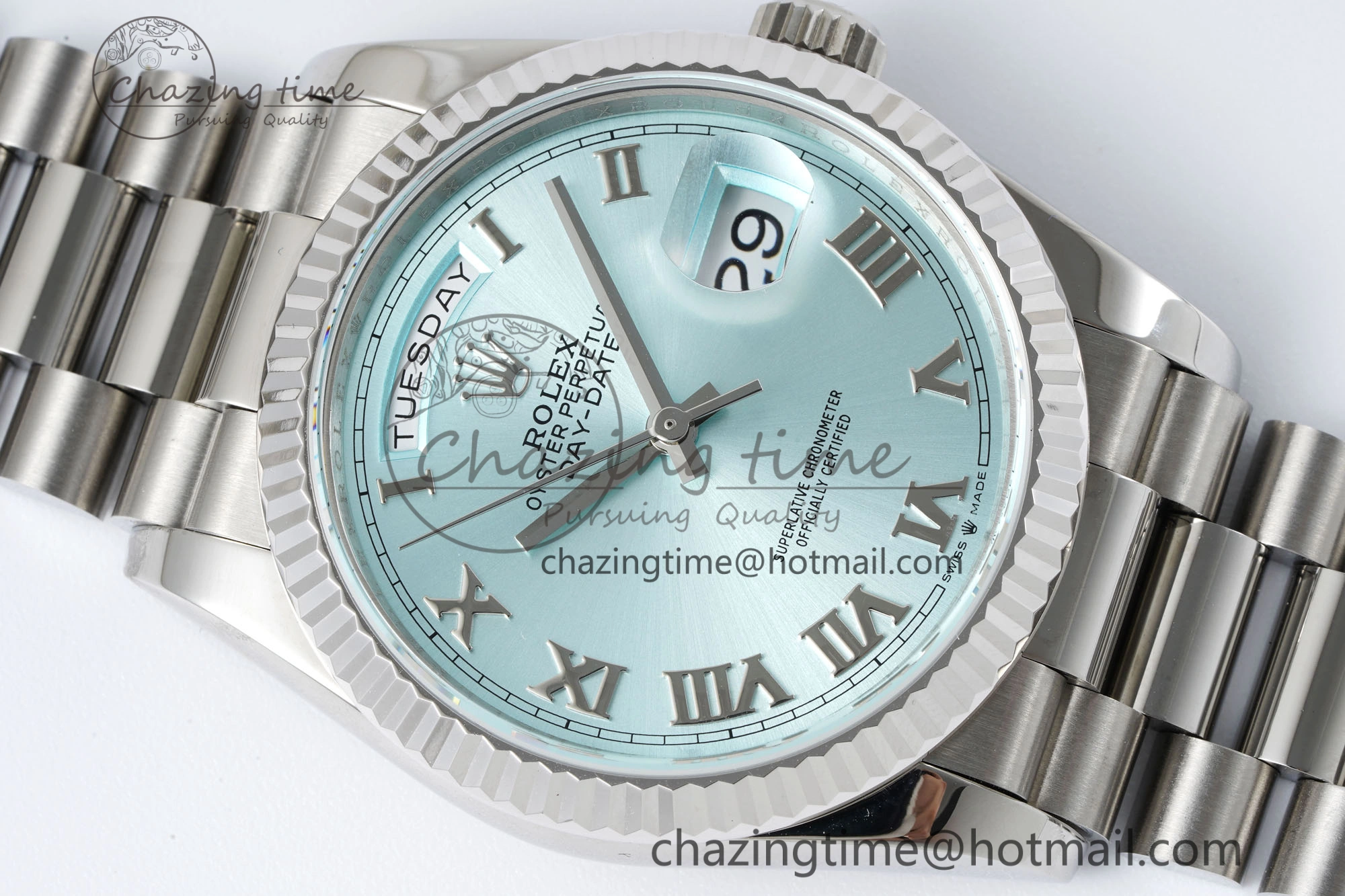 Minimalist Day Date 36 JDF 1:1 Best Edition 904L Steel Ice Blue Dial Roman Markers on Bracelet A 2199
