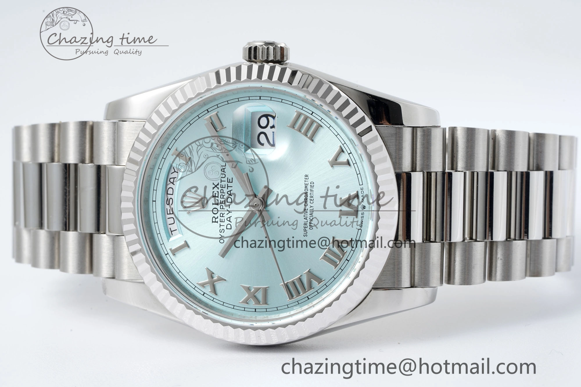 Minimalist Day Date 36 JDF 1:1 Best Edition 904L Steel Ice Blue Dial Roman Markers on Bracelet A 2199