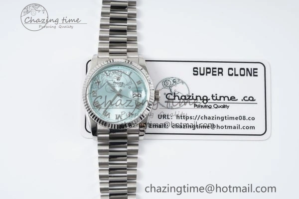 Minimalist Day Date 36 JDF 1:1 Best Edition 904L Steel Ice Blue Dial Roman Markers on Bracelet A 2199
