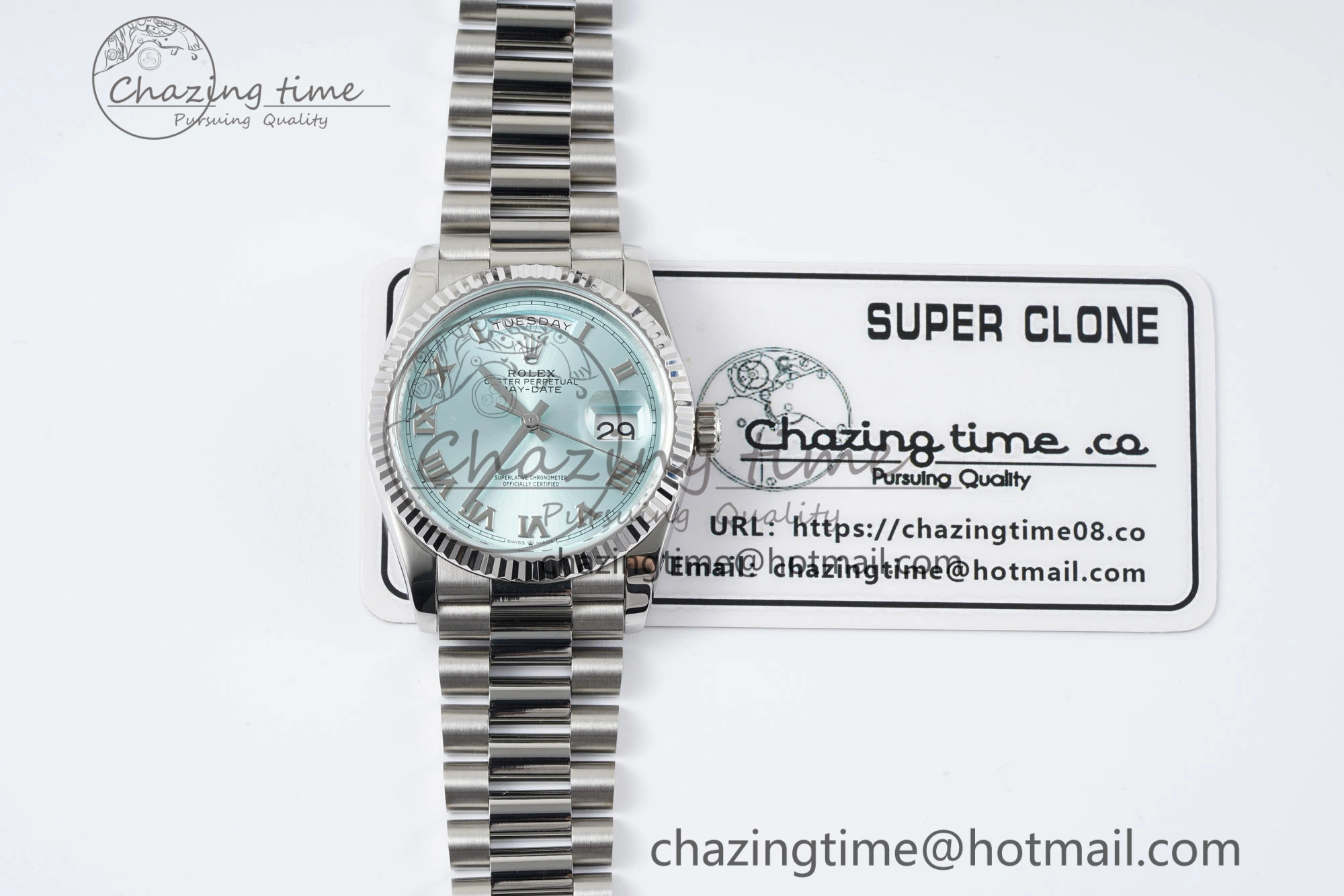 Minimalist Day Date 36 JDF 1:1 Best Edition 904L Steel Ice Blue Dial Roman Markers on Bracelet A 2199