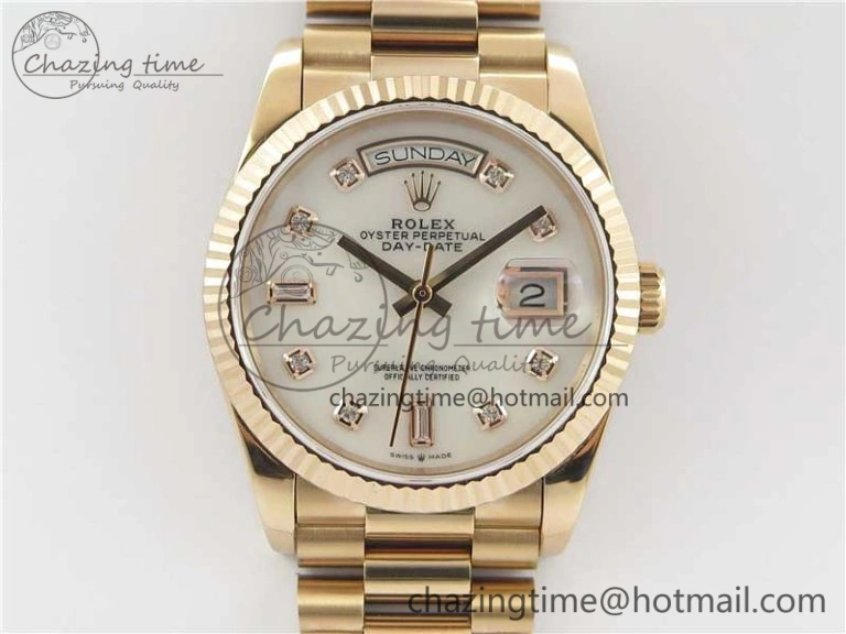 Vibrant Day-Date 36 RG 128239 Bp Maker Best Edition White MOP Dial Crystral Markers on RG President Bracelet 3138