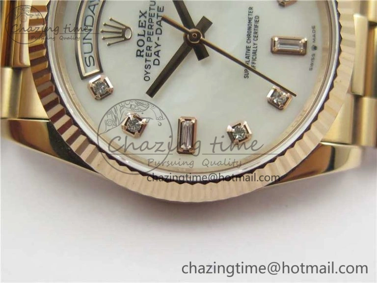 Vibrant Day-Date 36 RG 128239 Bp Maker Best Edition White MOP Dial Crystral Markers on RG President Bracelet 3138