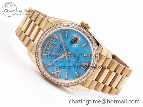 Day Date 36 RG RAF 1:1 Best Edition Tiffany Blue Stone Roman Dial Diamonds Bezel on RG Bracelet A GoAnywhere 1522