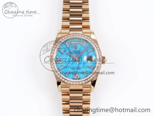 Day Date 36 RG RAF 1:1 Best Edition Tiffany Blue Stone Roman Dial Diamonds Bezel on RG Bracelet A GoAnywhere 1522
