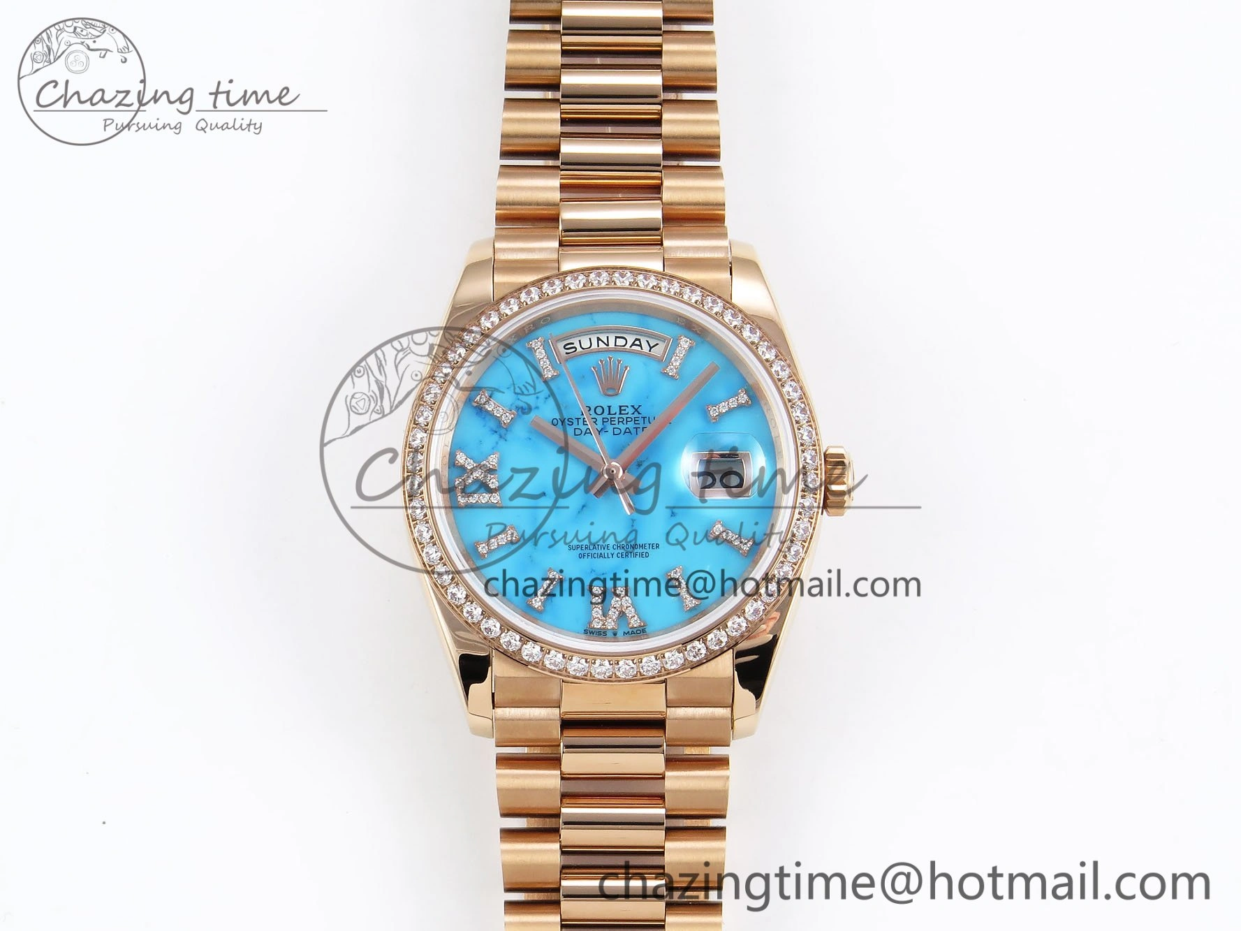 Day Date 36 RG RAF 1:1 Best Edition Tiffany Blue Stone Roman Dial Diamonds Bezel on RG Bracelet A GoAnywhere 1522