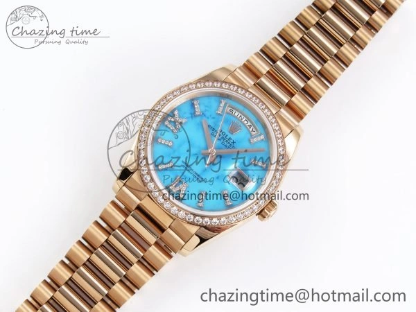 Day Date 36 RG RAF 1:1 Best Edition Tiffany Blue Stone Roman Dial Diamonds Bezel on RG Bracelet A GoAnywhere 1522
