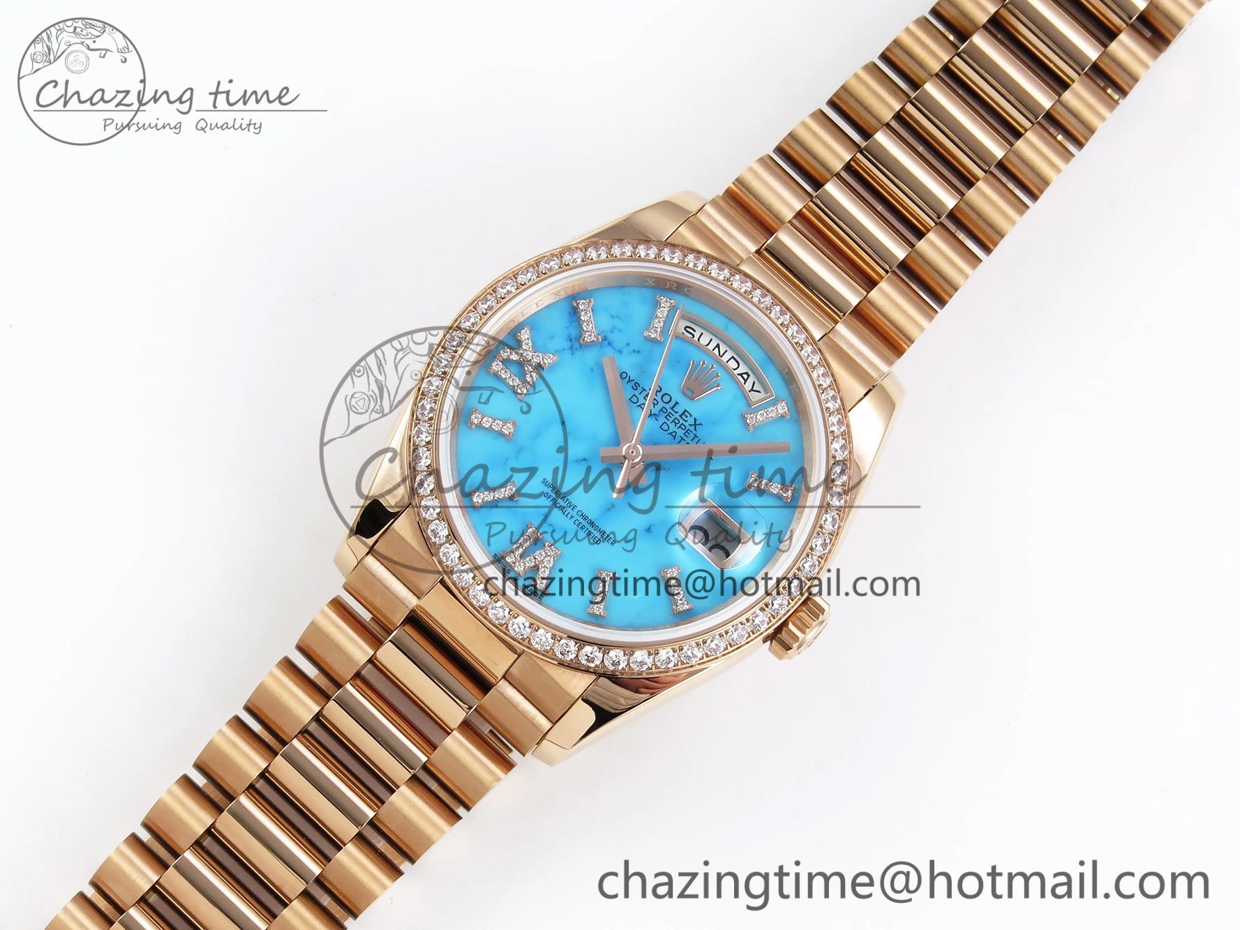 Day Date 36 RG RAF 1:1 Best Edition Tiffany Blue Stone Roman Dial Diamonds Bezel on RG Bracelet A GoAnywhere 1522