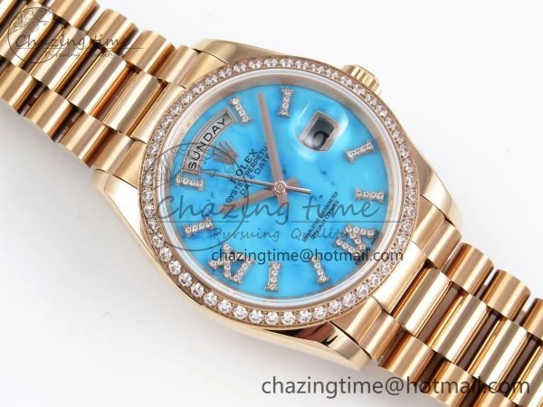 Day Date 36 RG RAF 1:1 Best Edition Tiffany Blue Stone Roman Dial Diamonds Bezel on RG Bracelet A GoAnywhere 1522