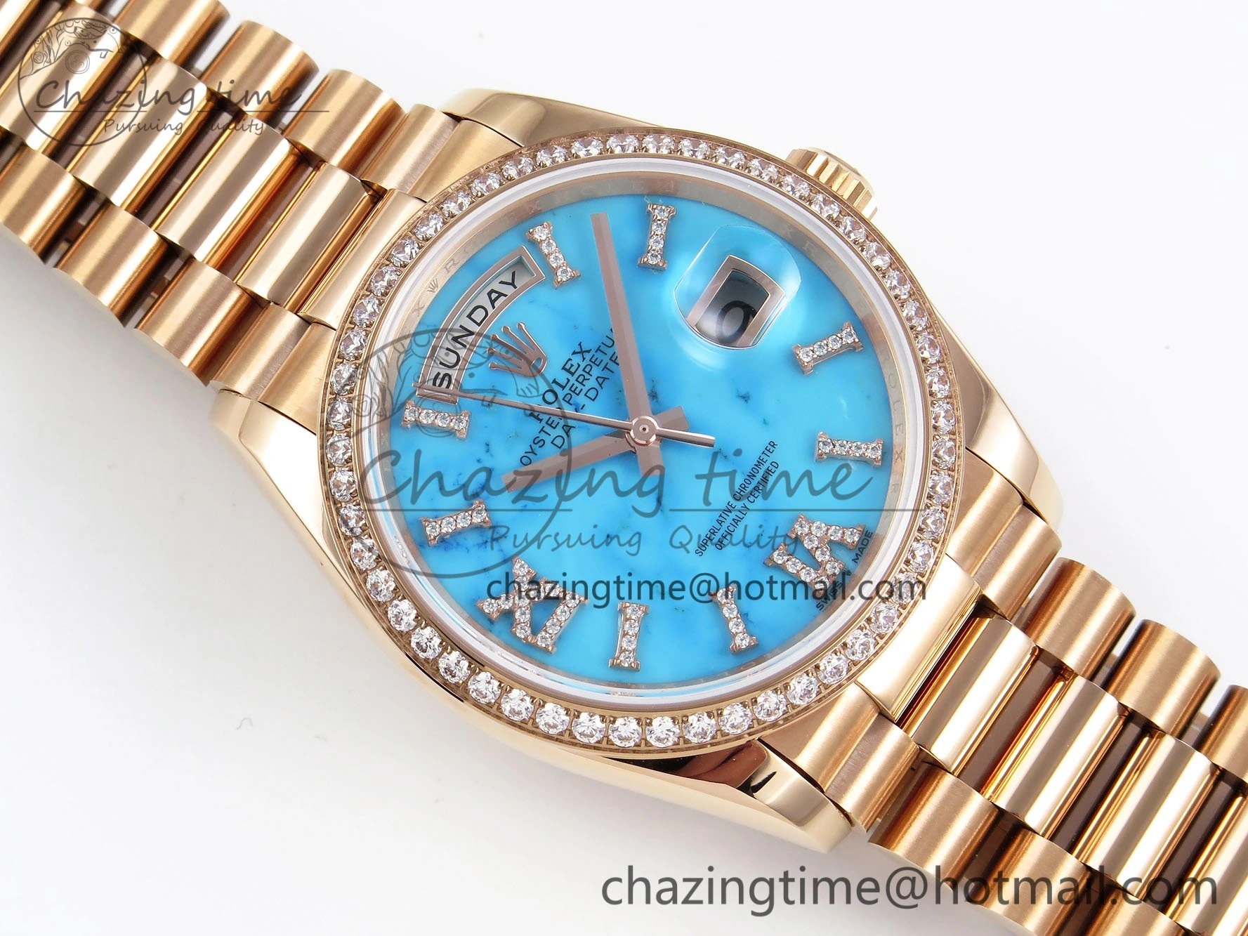 Day Date 36 RG RAF 1:1 Best Edition Tiffany Blue Stone Roman Dial Diamonds Bezel on RG Bracelet A GoAnywhere 1522