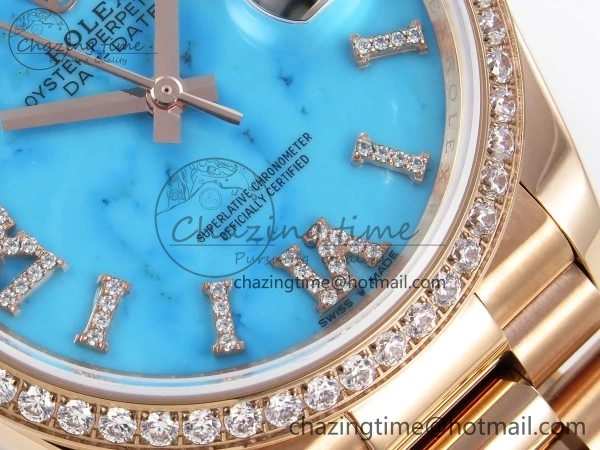 Day Date 36 RG RAF 1:1 Best Edition Tiffany Blue Stone Roman Dial Diamonds Bezel on RG Bracelet A GoAnywhere 1522