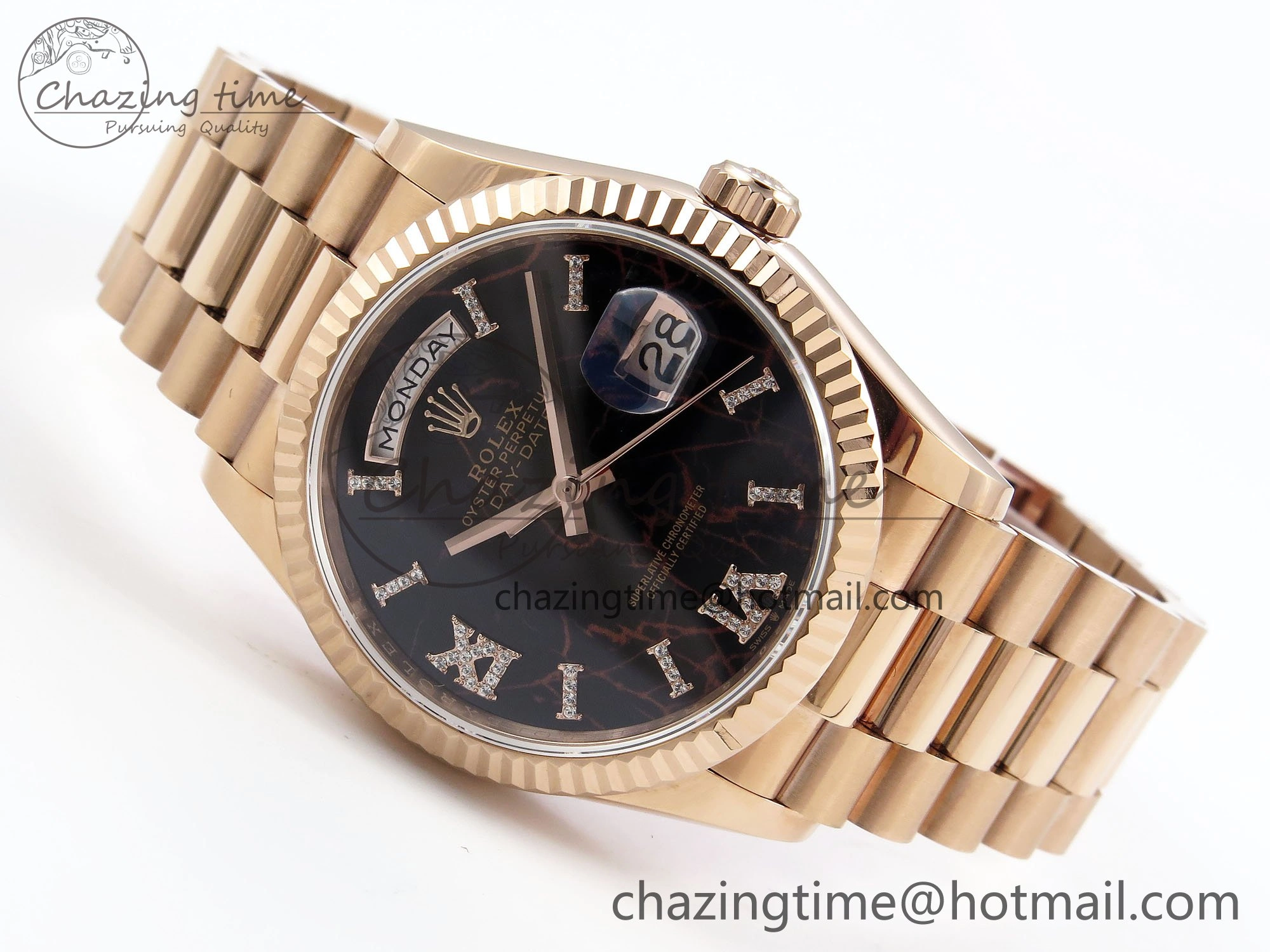 Day Date 36 RG TWSF Best Edition Black Roman Diamonds Dial on RG Bracelet A Affordable 1609