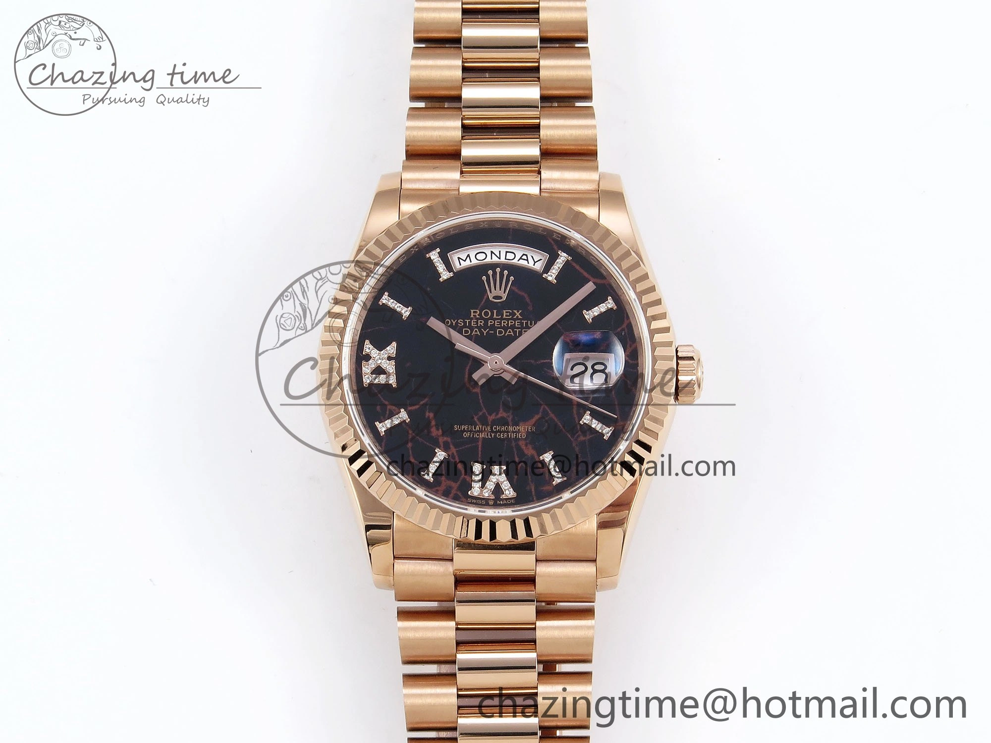 Day Date 36 RG TWSF Best Edition Black Roman Diamonds Dial on RG Bracelet A Affordable 1609